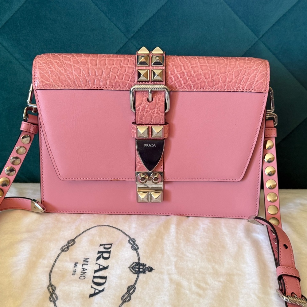 Prada Elektra 1BD120 Pink Studded Flap Shoulder Bag City Calf + Croc Trim - Picture 3 of 15